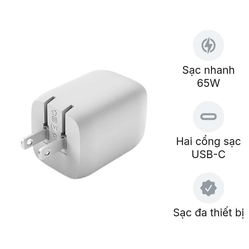 Củ sạc nhanh Belkin 65W 2 cổng Type C chuẩn PD/PPS