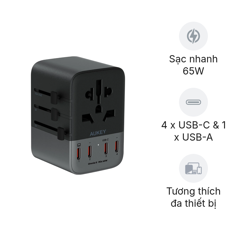 Củ sạc đa năng nhiều cổng Aukey PA-TA08A PD 65W