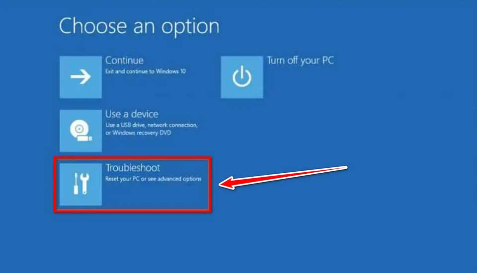 Chọn Troubleshoot trên màn hình Choose an option