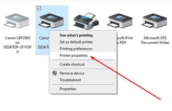 Chọn Printer Properties từ menu ngữ cảnh