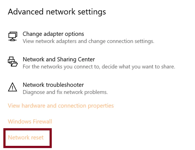 network reset tren win 10