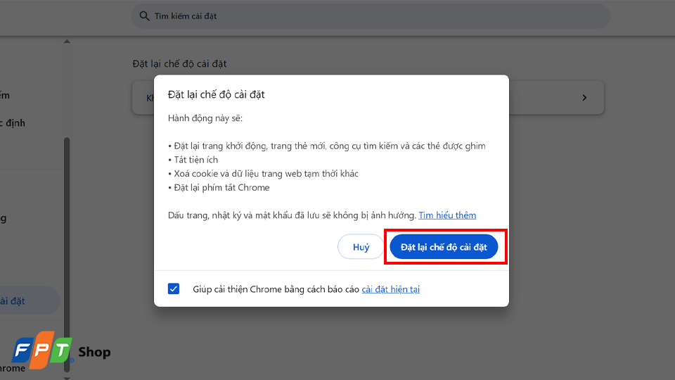 Bấm xác nhận vào nút Đặt lại cài đặt