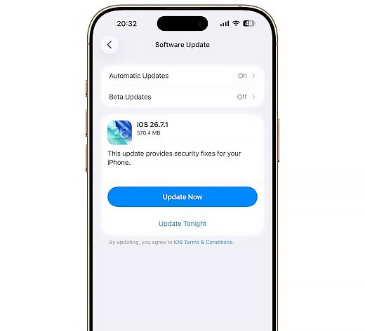 iOS 26.7.1 xuất hiện trong mục Cập nhật phần mềm, giúp người dùng iPhone tương thích cài bản vá trực tiếp trên thiết bị.