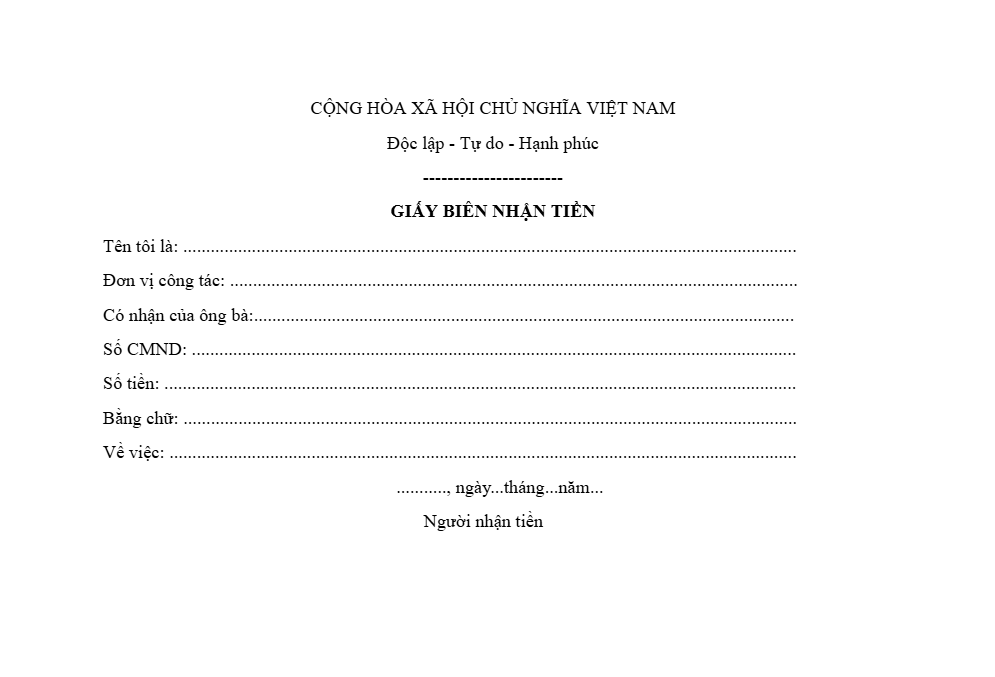 Mẫu giấy biên nhận tiền file&nbsp;Word - Mẫu 2