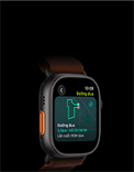 Apple Watch Ultra 4, vỏ titan, màu đen, tính năng Đường Đua với bản đồ lộ trình chạy bộ, mặt ngoài bên trái, nút Tác Vụ, Dây Quấn Alpine, màu đỏ burgundy