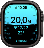 Apple Watch Ultra 4, vỏ titan, màu đen, ứng dụng Độ Sâu hiển thị các chỉ số lặn, mặt ngoài bên phải, Digital Crown, nút sườn nhô lên