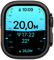 Apple Watch Ultra 4, vỏ titan, màu đen, ứng dụng Độ Sâu hiển thị các chỉ số lặn, mặt ngoài bên phải, Digital Crown, nút sườn nhô lên