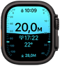 Apple Watch Ultra 4, vỏ titan, màu đen, ứng dụng Độ Sâu hiển thị các chỉ số lặn, mặt ngoài bên phải, Digital Crown, nút sườn nhô lên