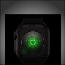 Mặt sau của Apple Watch Ultra 4, vỏ titan, màu đen, nhiều cảm biến hình tròn với đèn LED màu xanh lá phát sáng