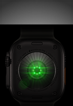 Mặt sau của Apple Watch Ultra 4, vỏ titan, màu đen, nhiều cảm biến hình tròn với đèn LED màu xanh lá phát sáng