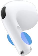 Vỏ ngoài tai nghe AirPods 5, các vòng tròn màu xanh dương làm nổi bật vị trí cần chạm vào thân tai nghe để điều khiển âm lượng