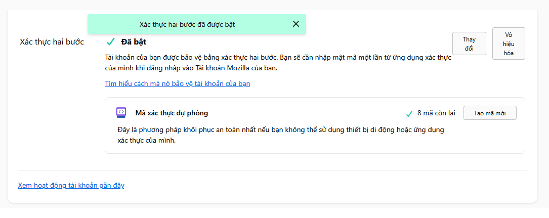 Bật xác thực thành công