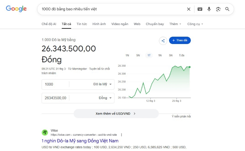 Cách quy đổi tiền Đô sang tiền Việt qua google