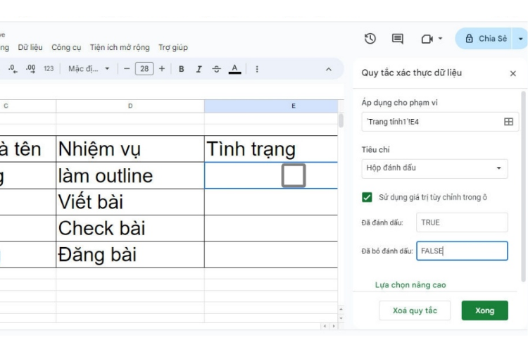tạo checkbox trong google sheet 4
