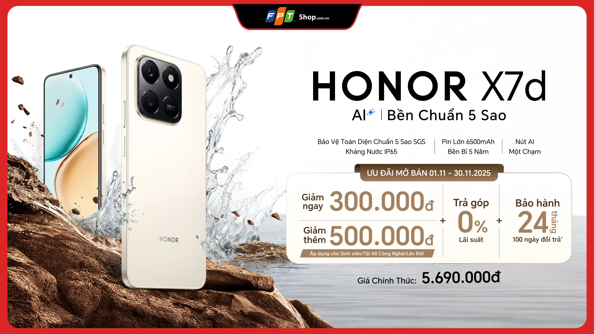 HONOR X7d — Bền chuẩn 5 Sao chính thức mở bán tại FPT Shop