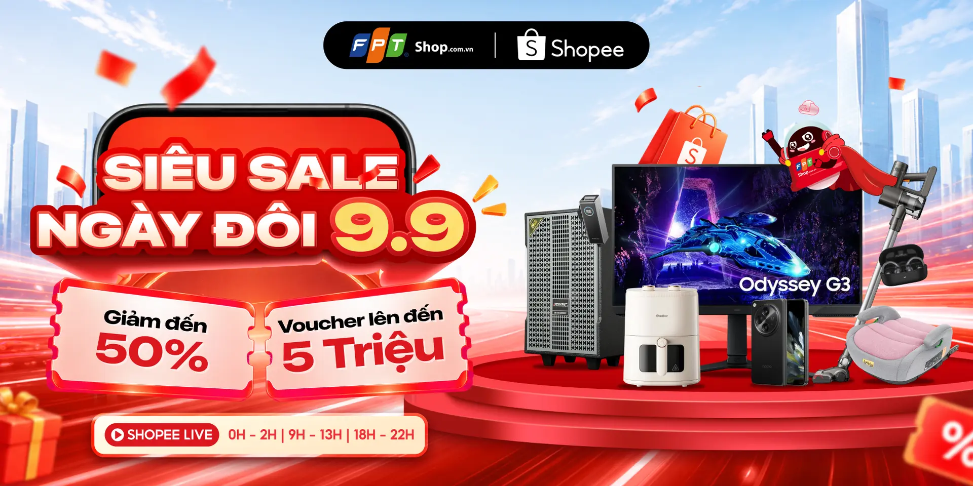 SIÊU SALE NGÀY ĐÔI 9.9: Giảm đến 50%, voucher lên đến 5 triệu đồng trên Shopee Live FPT Shop