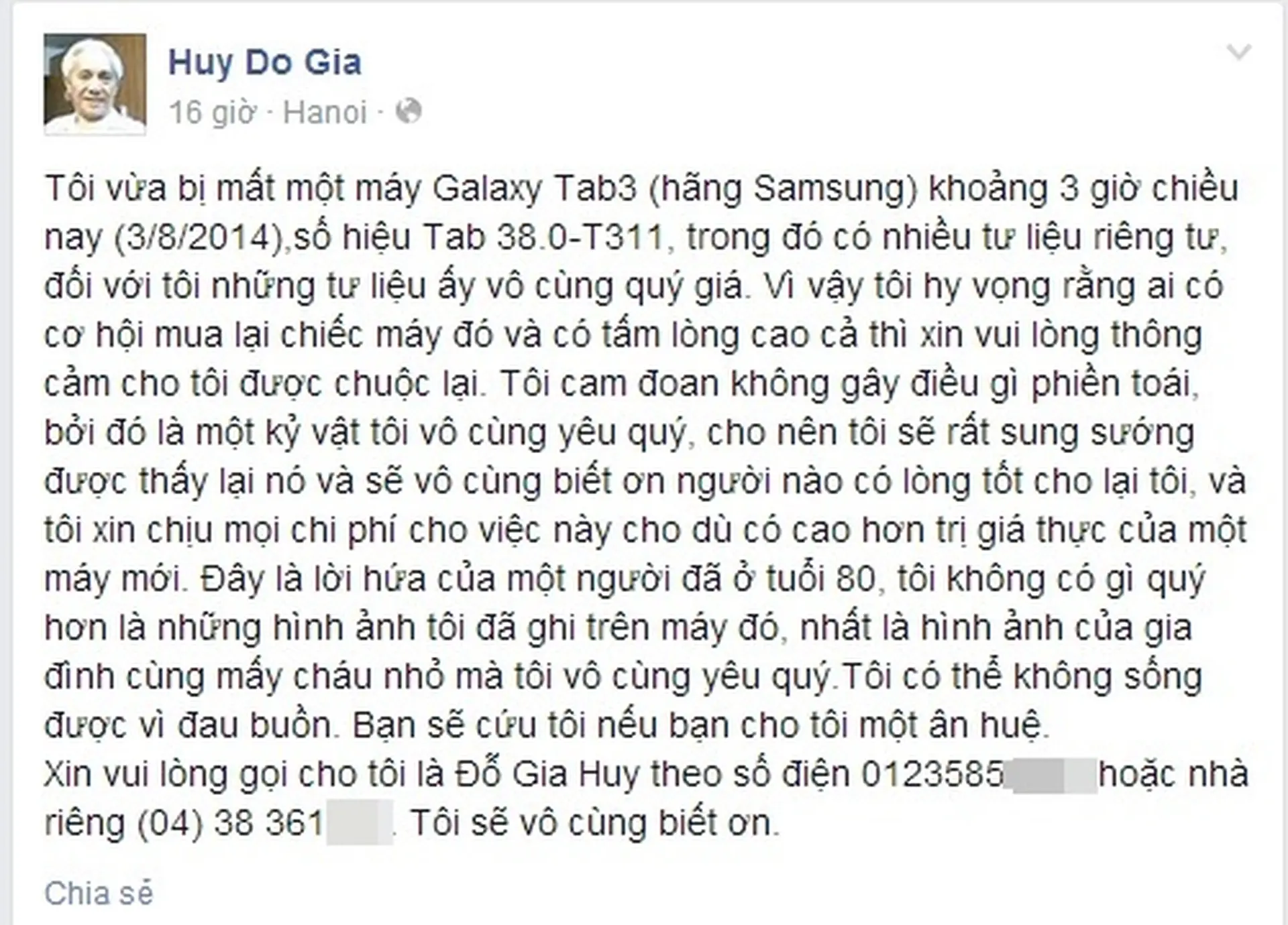 Mất chiếc Galaxy Tab 3, cụ ông 80 tuổi lên Facebook đăng tin mua lại với bất cứ giá nào