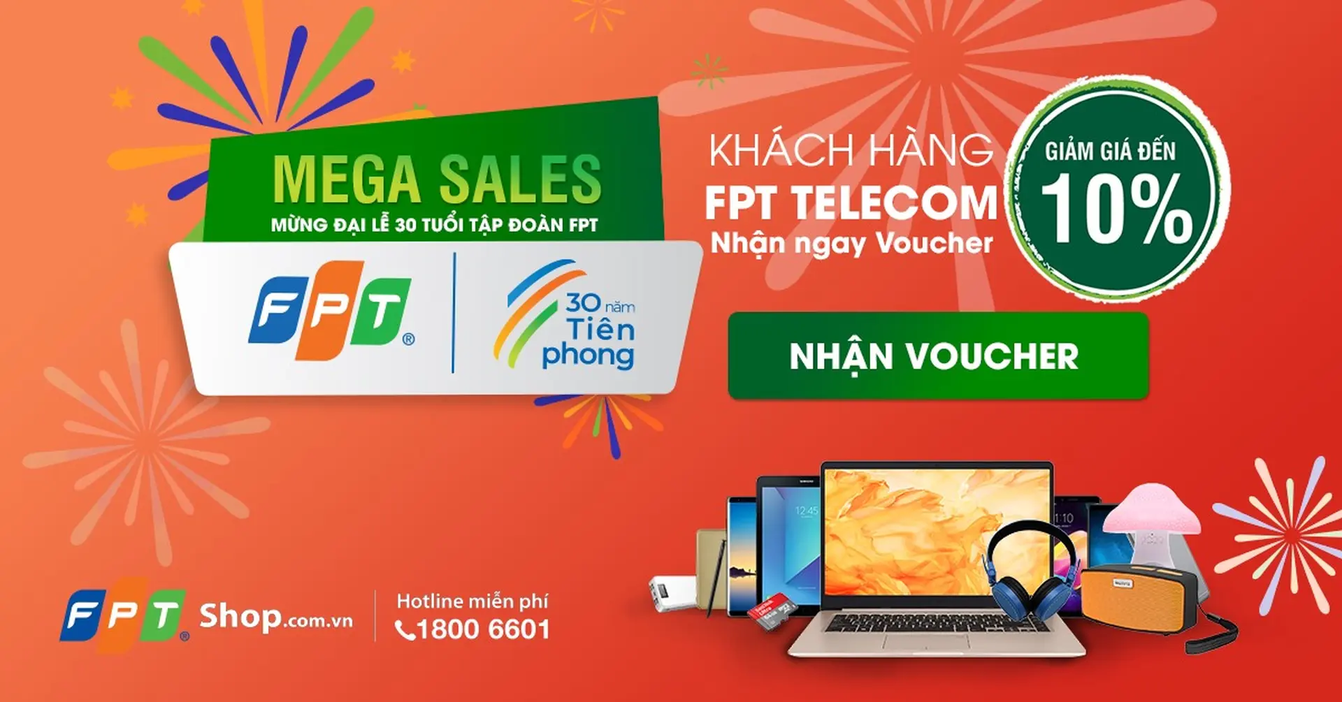 FPT Shop tặng voucher giảm sốc đến 10% khi sử dụng dịch vụ của FPT Telecom