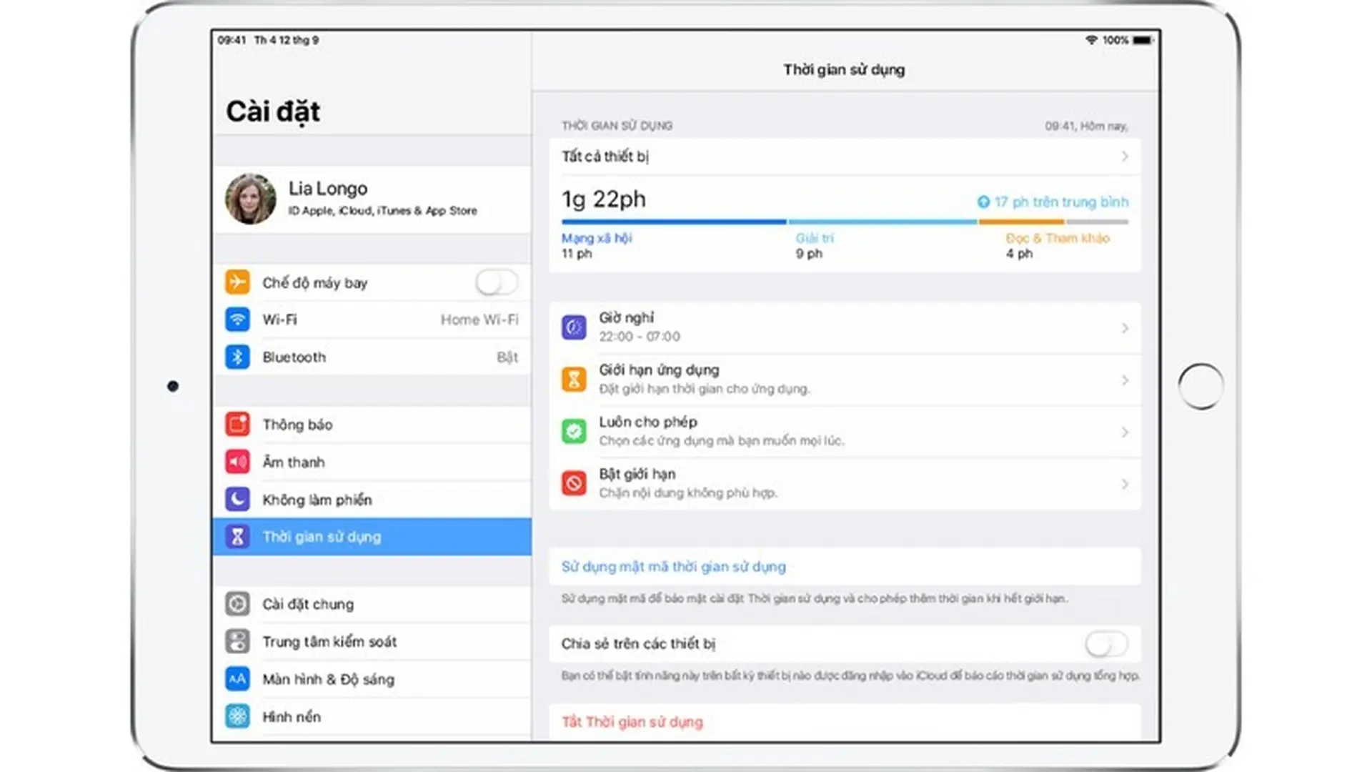 Đặt thời gian sử dụng, giờ cho phép và giới hạn trên iPad