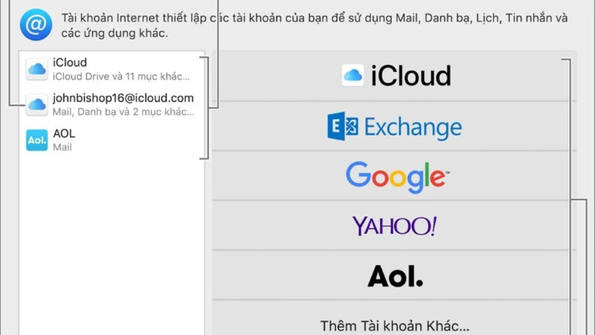 Sử dụng tài khoản Internet của bạn trên máy Mac
