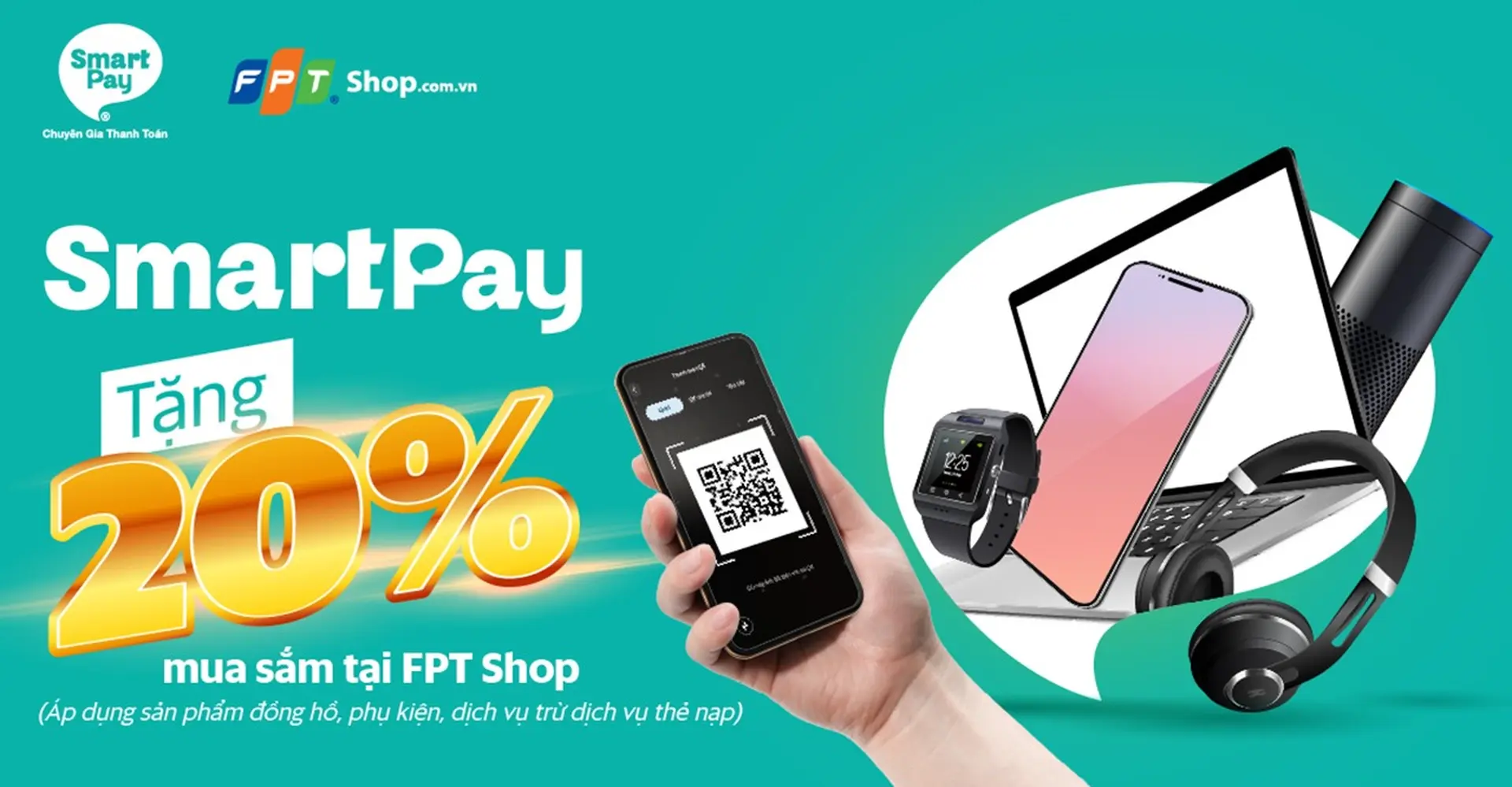 Giảm ngay 20%, tối đa 100.000 đồng cho khách hàng khi thanh toán tại FPT Shop bằng ví SmartPay 