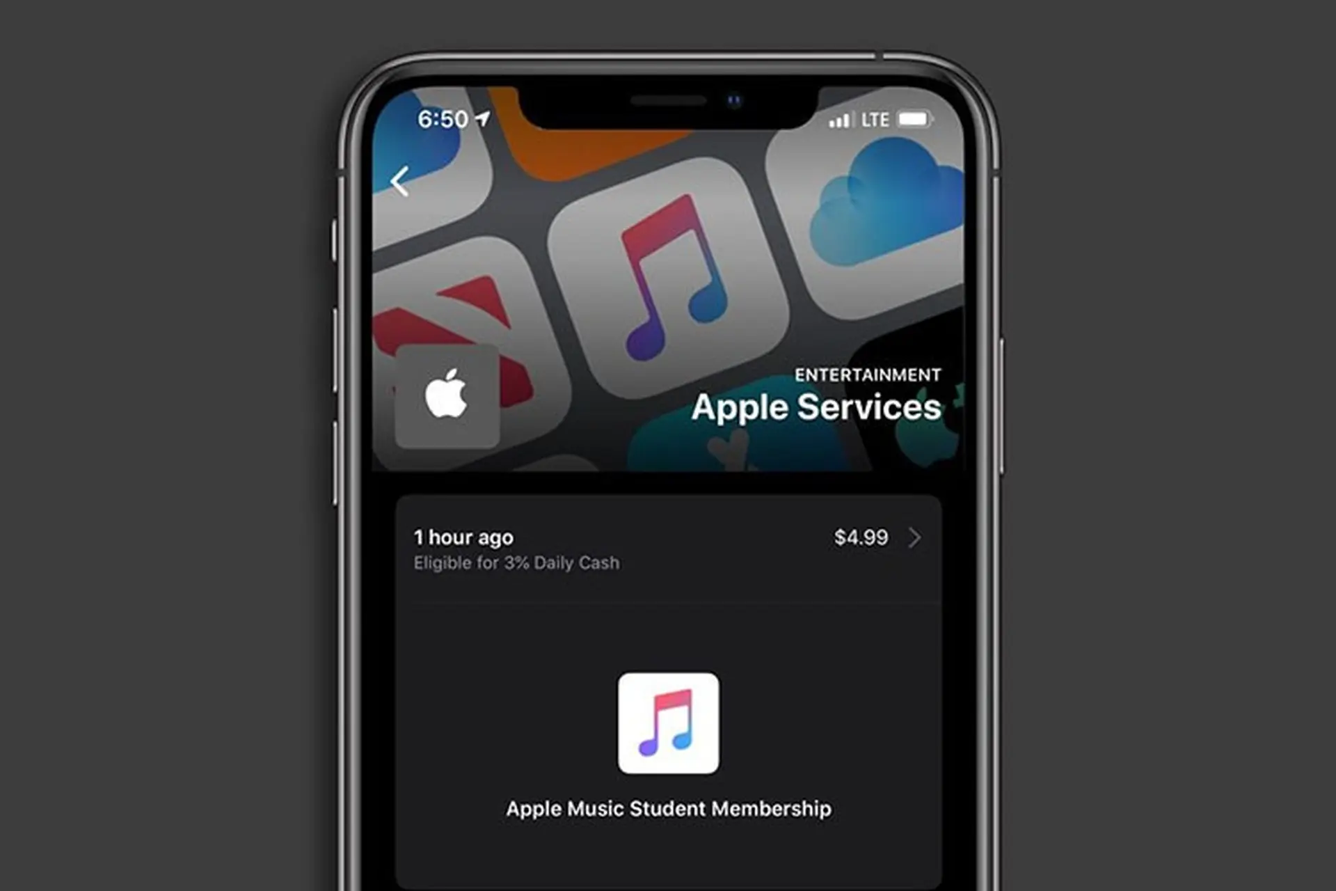 iOS 13.4: Giao diện người dùng Apple Card hiển thị thông tin cho các giao dịch dịch vụ