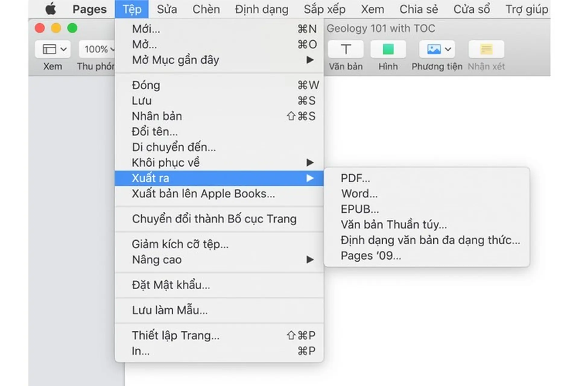 Xuất sang Word, PDF hoặc một định dạng tệp khác trong Pages
