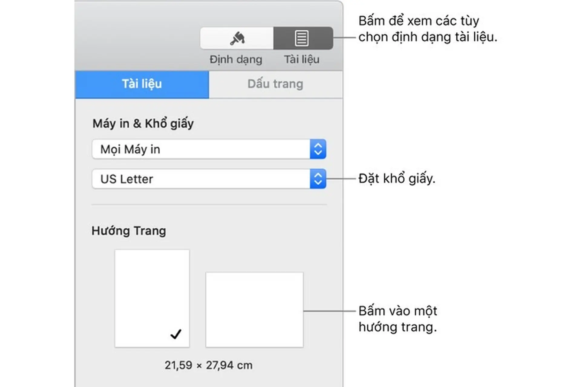 Đặt kích cỡ giấy và hướng trong Pages