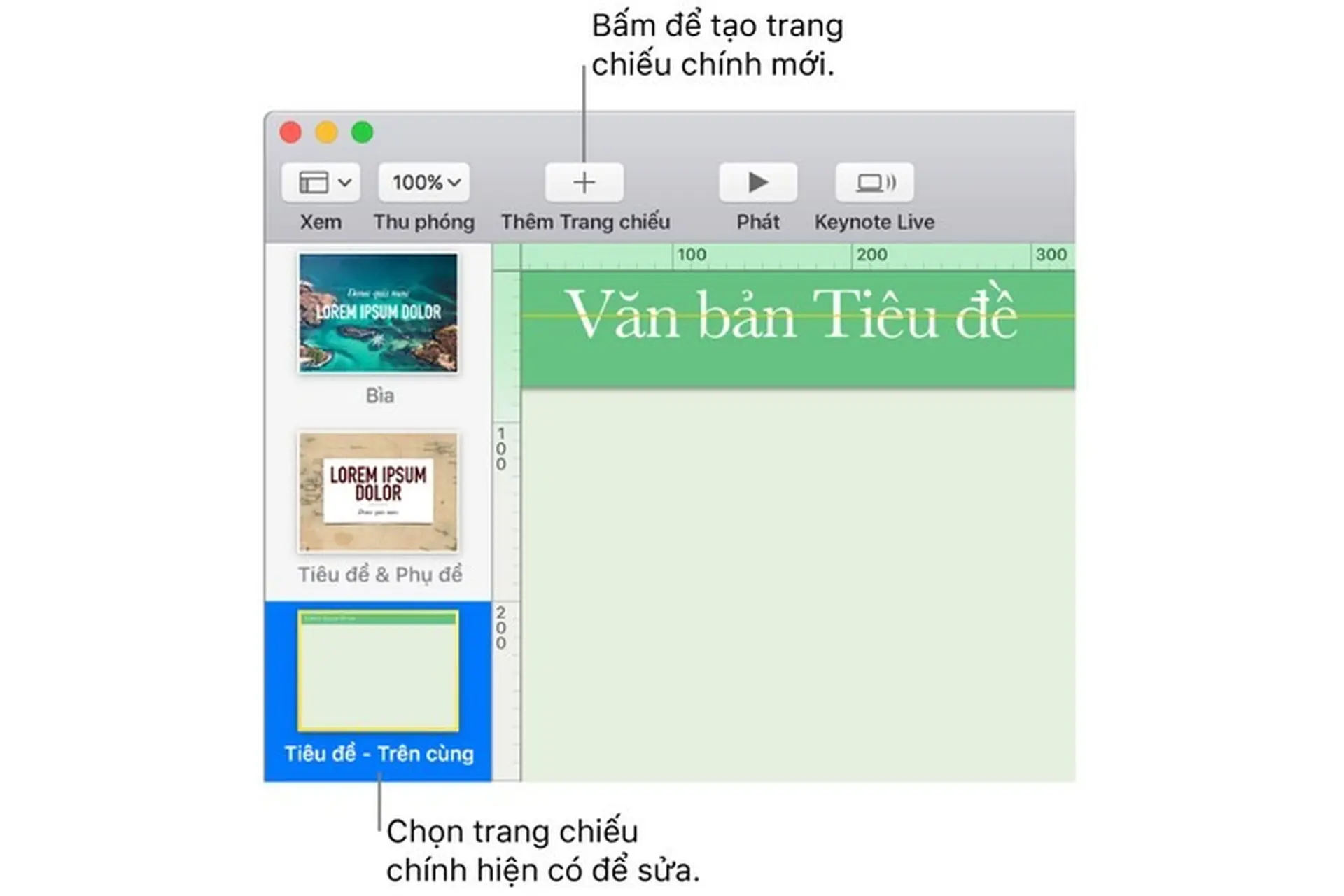Thêm và sửa trang chiếu chính trong Keynote