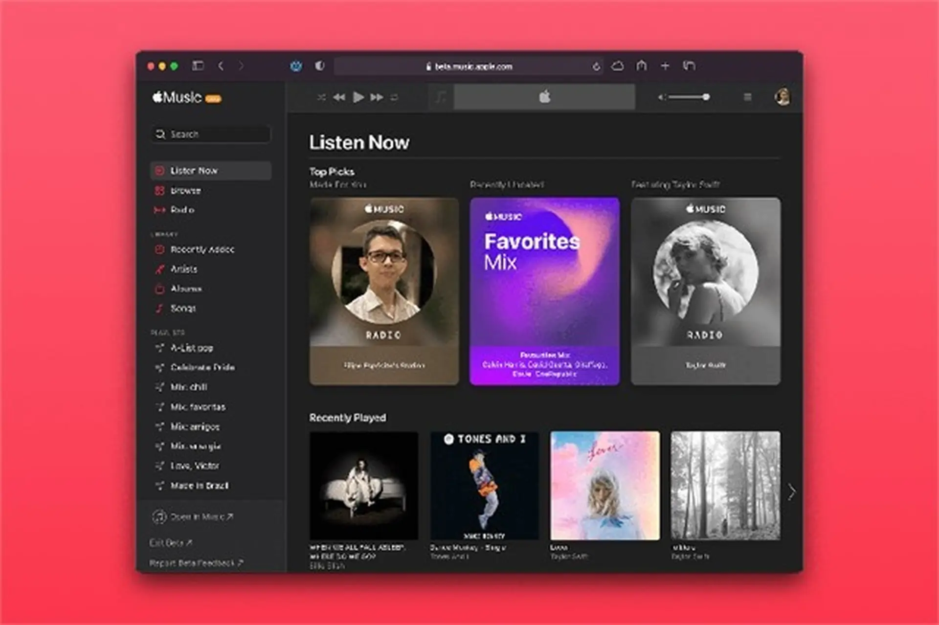 Trang web beta của Apple Music khởi động lại với tính năng Listen Now