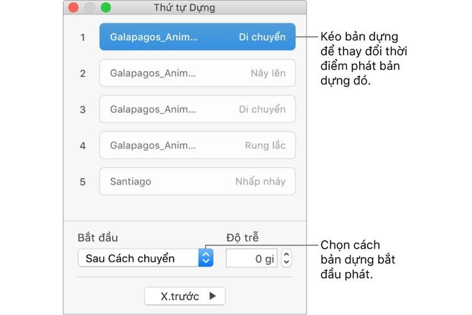 Thay đổi thứ tự và thời gian của các bản dựng trong Keynote