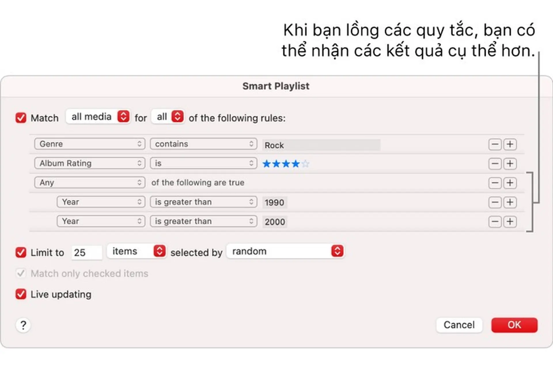 Tạo, sửa và xóa Playlist thông minh trong ứng dụng Nhạc
