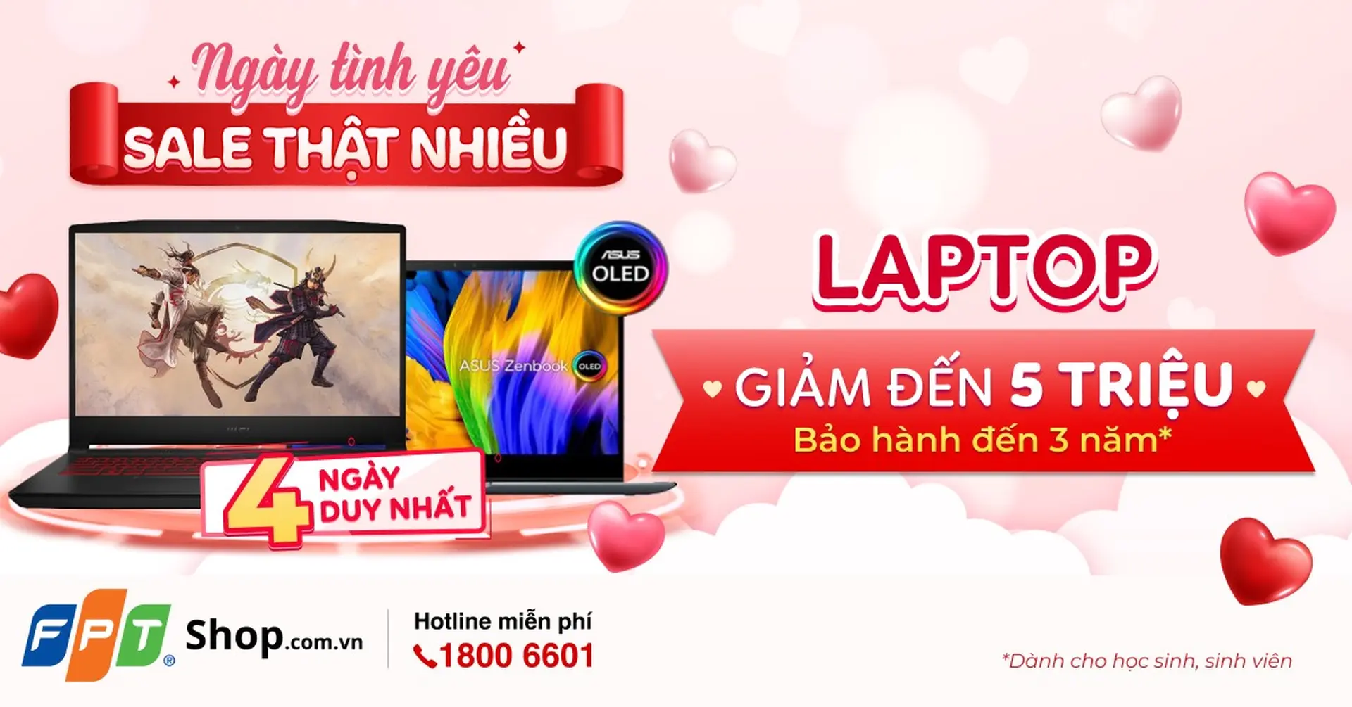 Ngày tình yêu, laptop FPT Shop giảm đến 5 triệu, giao hàng tận nhà miễn phí!