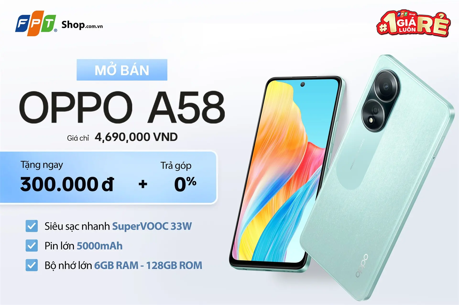 OPPO A58 ra mắt: Tặng ngay 300.000 đồng khi mua tại FPT Shop