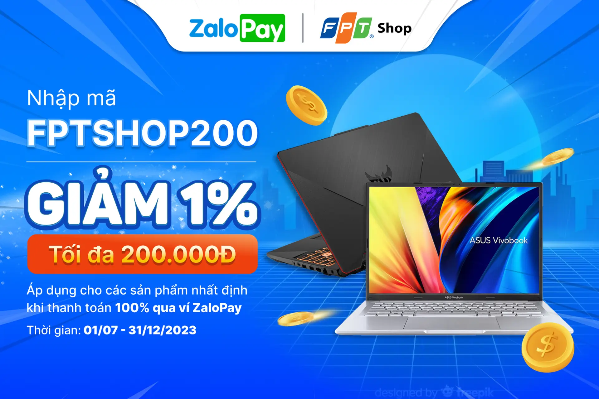 FPT Shop giảm ngay 1% tối đa 200.000 đồng khi mua một số sản phẩm nhất định và thanh toán tại ZaloPay