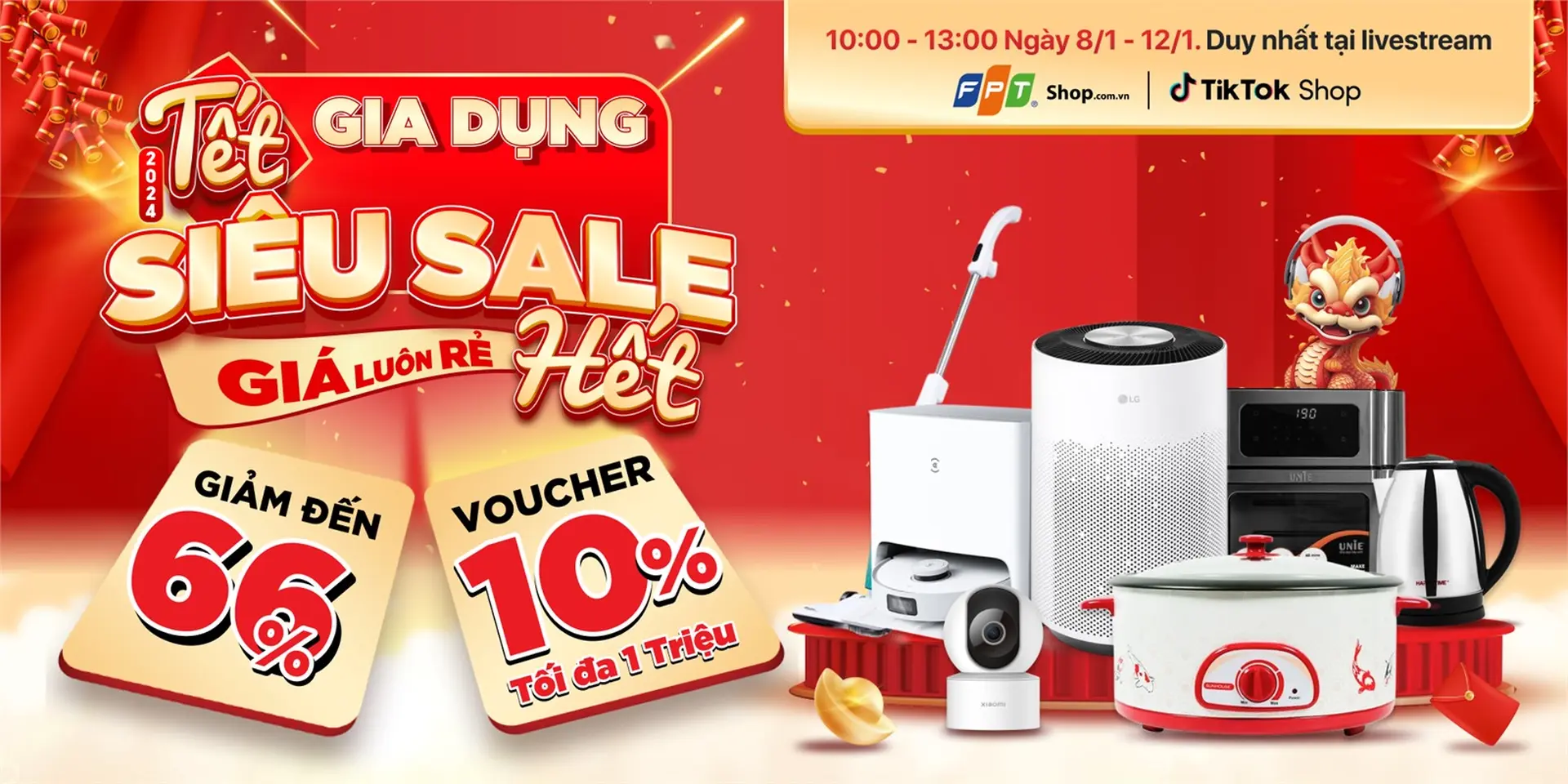 Tết siêu sale hết: Gia dụng giảm tới 66%, tặng thêm voucher đến 800K