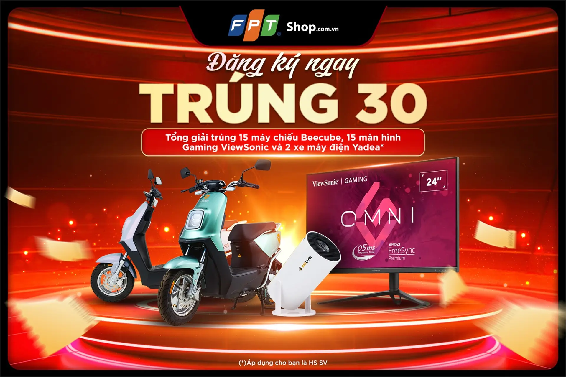 Cơ hội trúng ngay 30 màn hình Gaming + Máy chiếu Beecube và 2 xe máy điện YADEA tại FPT Shop