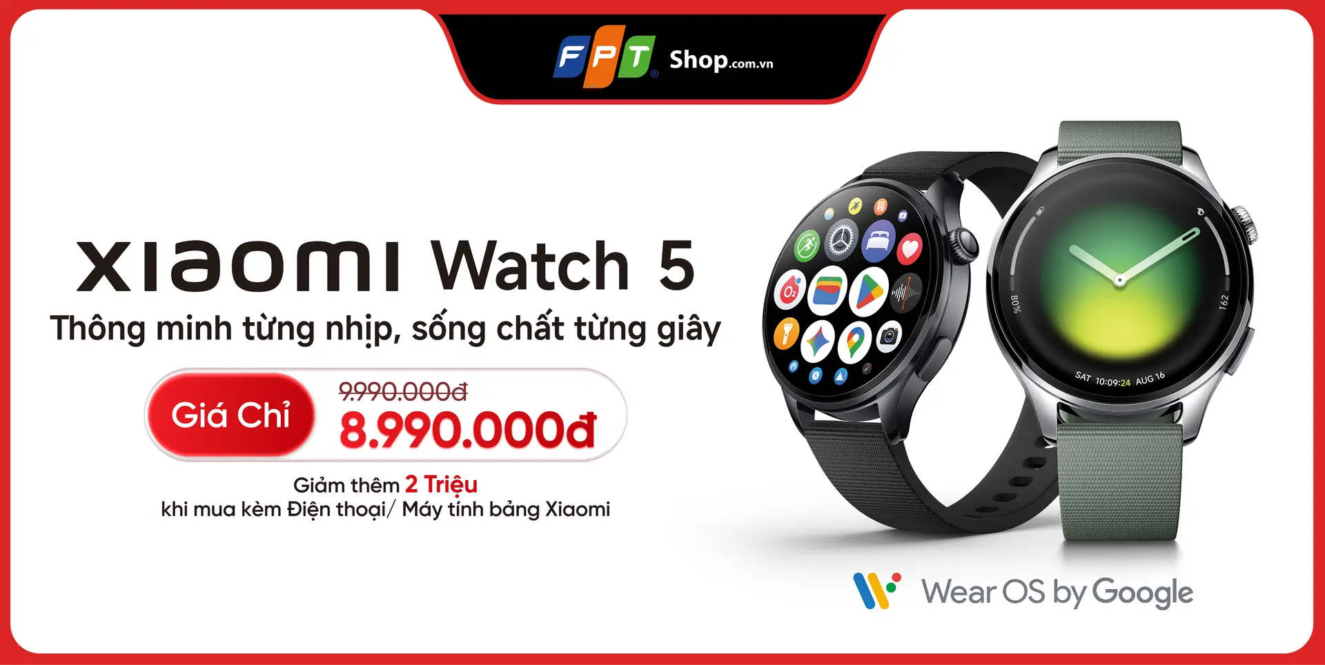 Xiaomi Watch 5 mở bán tại FPT Shop: Giá chỉ 8,99 triệu, giảm thêm 2 triệu khi mua kèm thiết bị Xiaomi