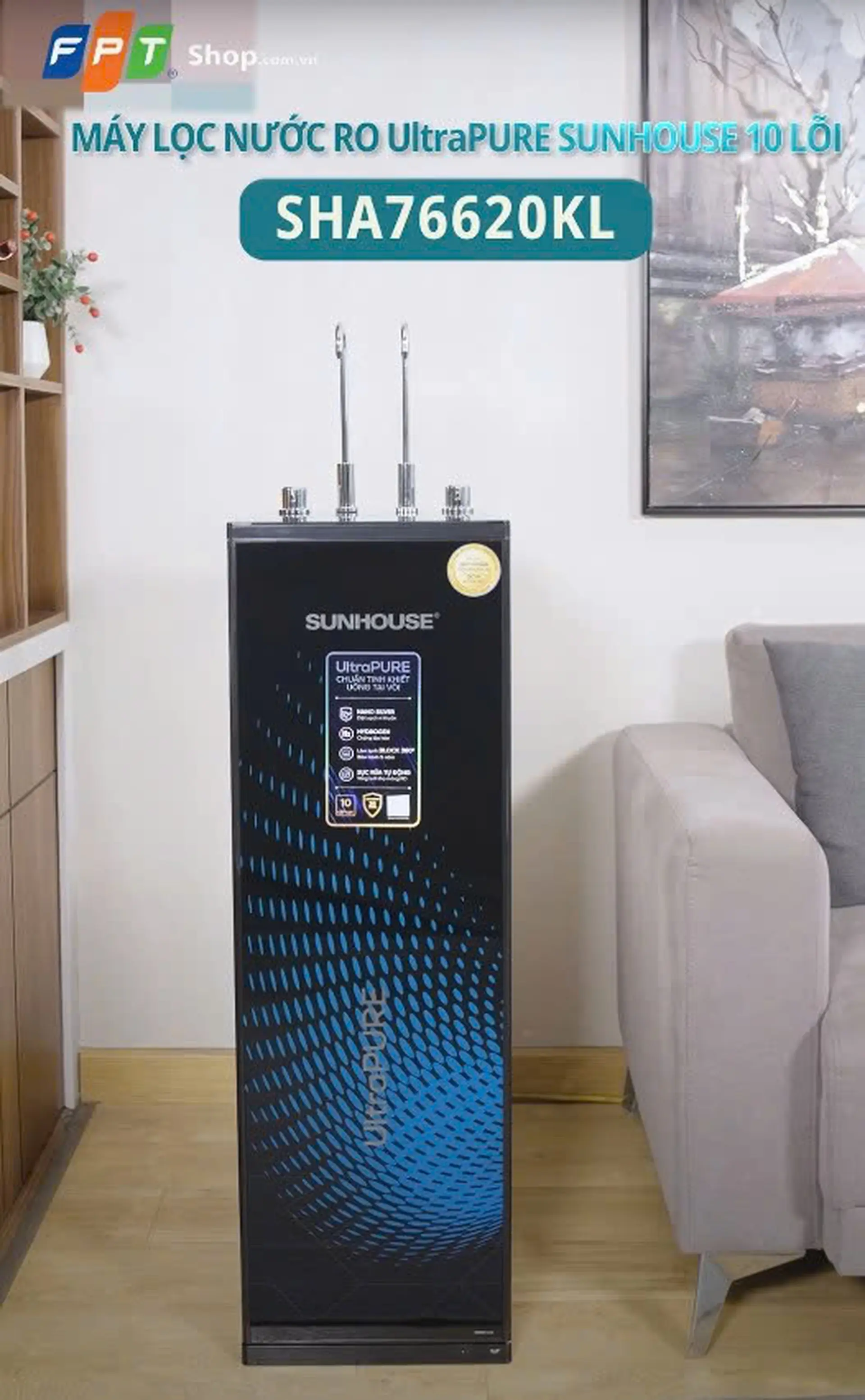 Máy lọc nước nóng lạnh RO Hydrogen Sunhouse 10 lõi SHA76620KL