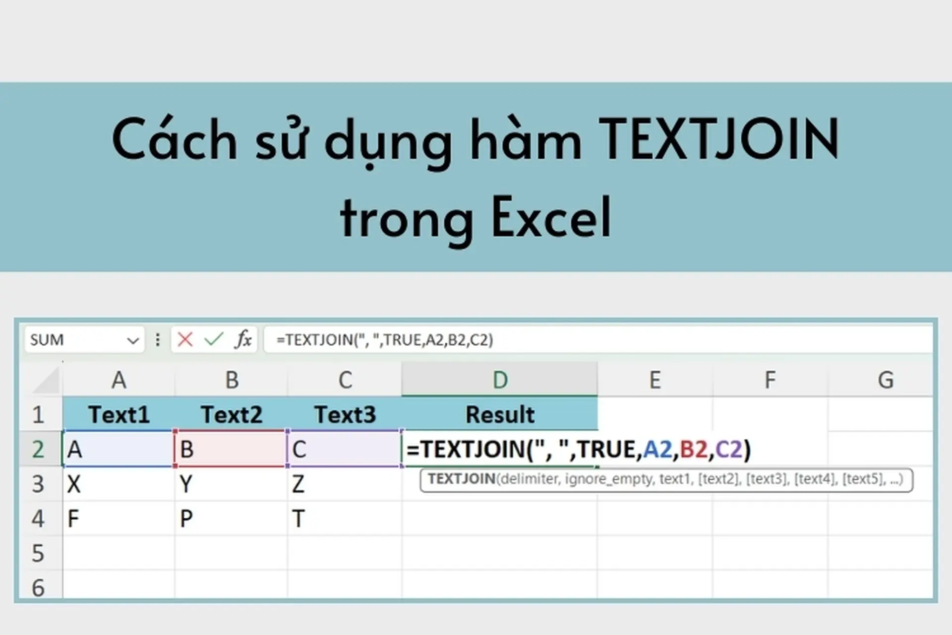 Cách sử dụng hàm TEXTJOIN để gộp dữ liệu trong phiên bản Excel 2016 trở đi cùng 3 ví dụ đơn giản