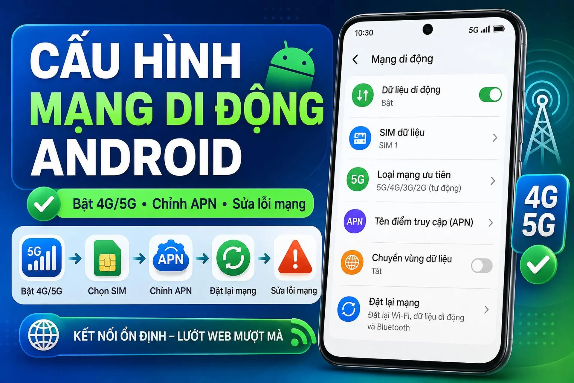 Cấu hình mạng di động Android: Cách bật 4G/5G, chỉnh APN và sửa lỗi không có mạng
