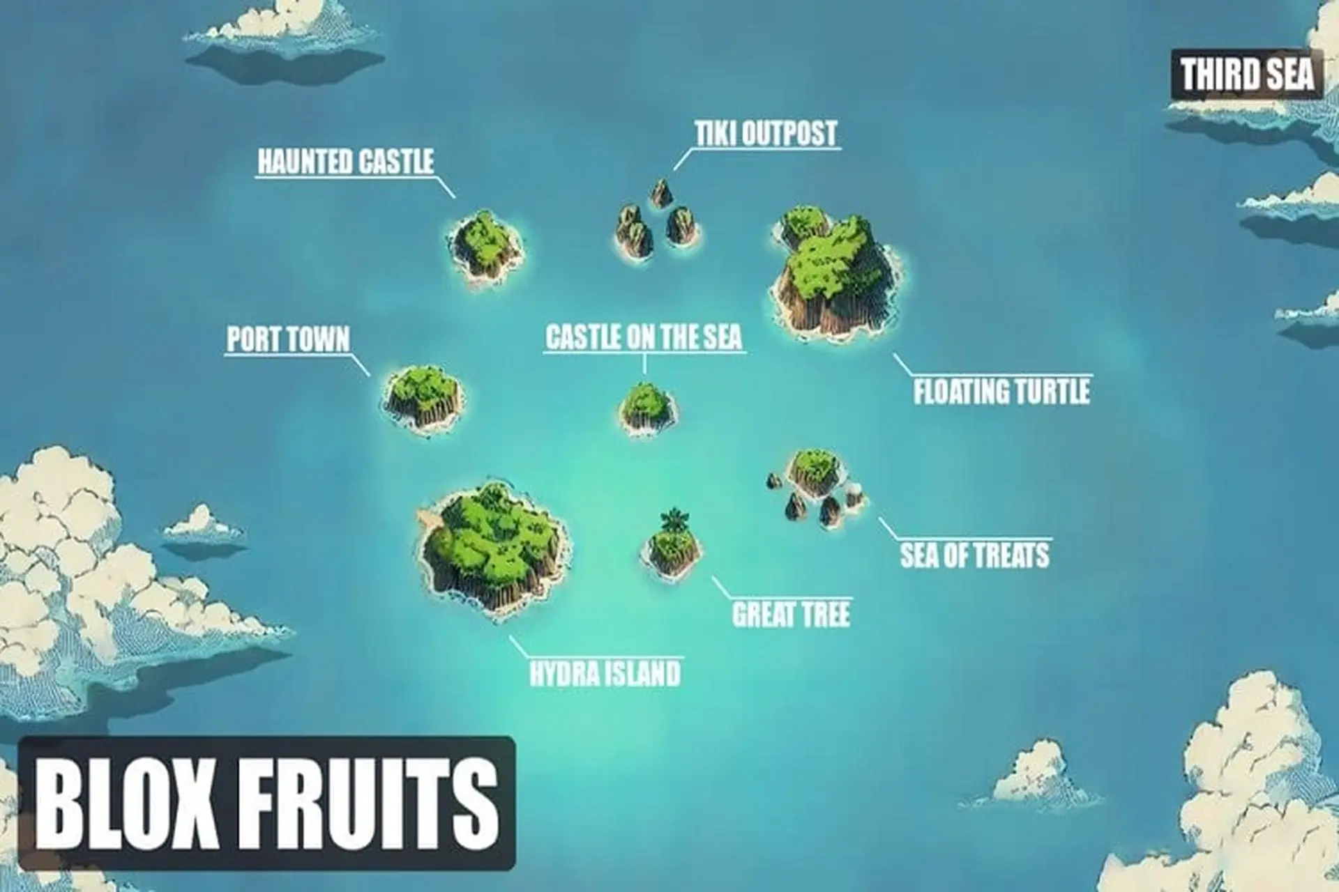 Tổng hợp chi tiết nhất các đảo nổi bật trong bản đồ Sea 1, Sea 2 và bản đồ Sea 3 của Blox Fruits