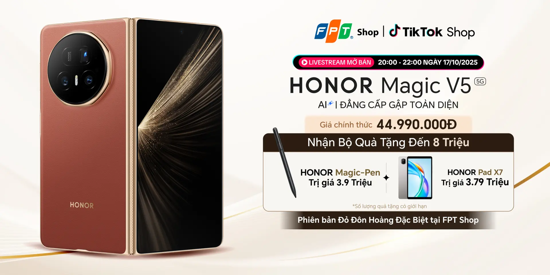 Livestream mở bán Honor Magic V5 AI, nhận ngay quà tặng khủng cùng FPT Shop