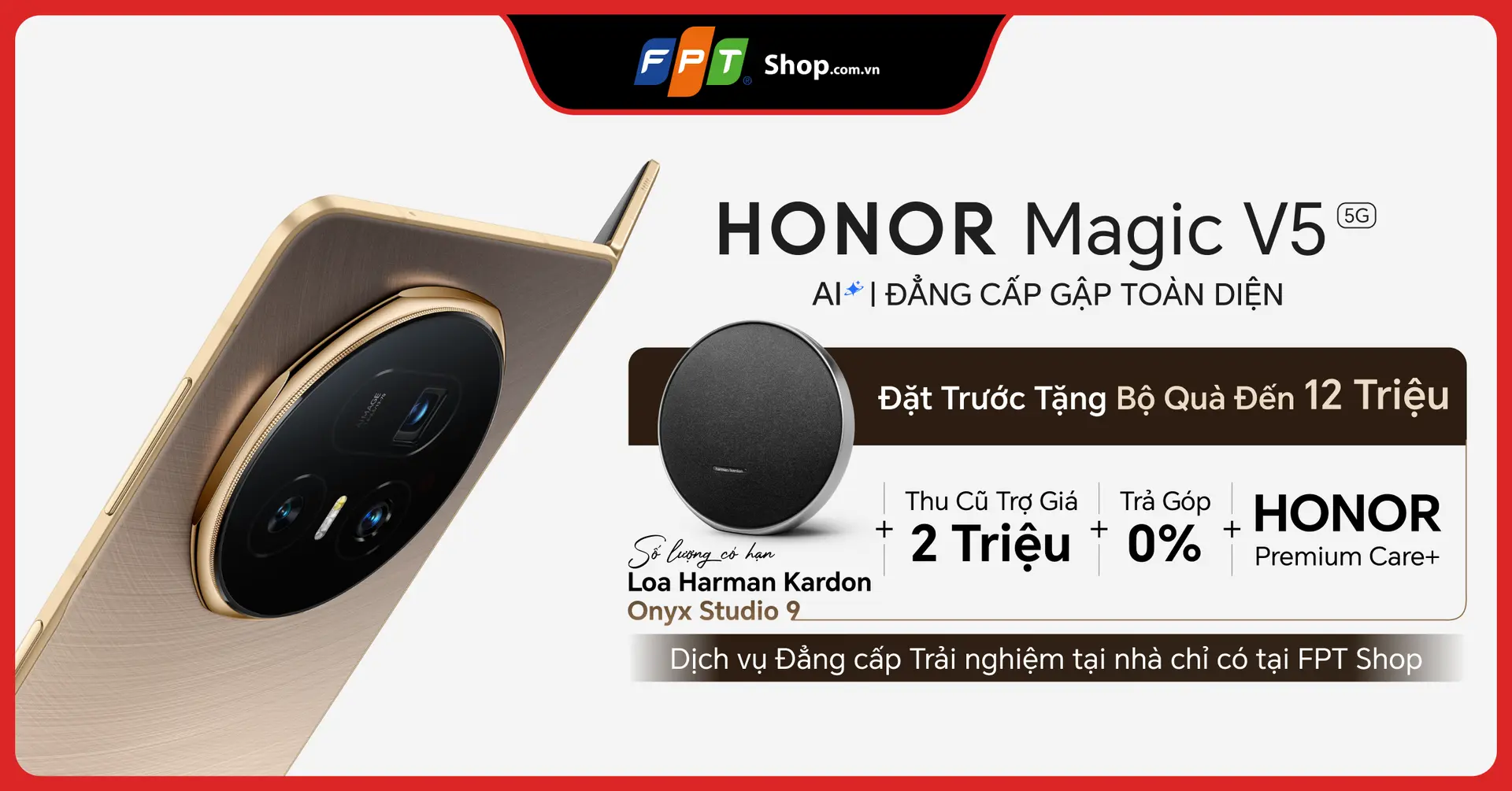 Đặt trước HONOR Magic V5 5G tại FPT Shop, nhận ngay ưu đãi đến 12 triệu đồng.