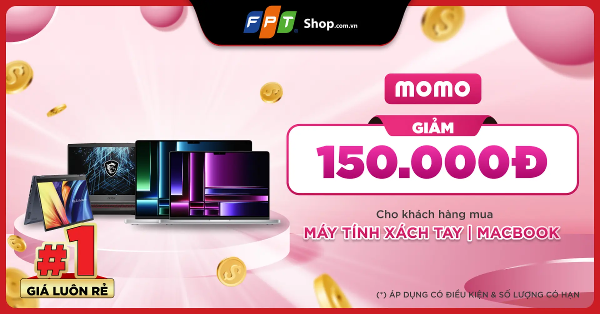FPT Shop giảm ngay 150.000đ cho khách hàng mua Laptop/Macbook khi thanh toán qua Momo