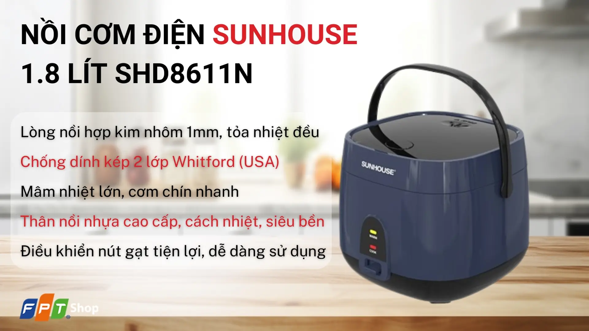 Nồi cơm điện Sunhouse 1.8 lít SHD8611N