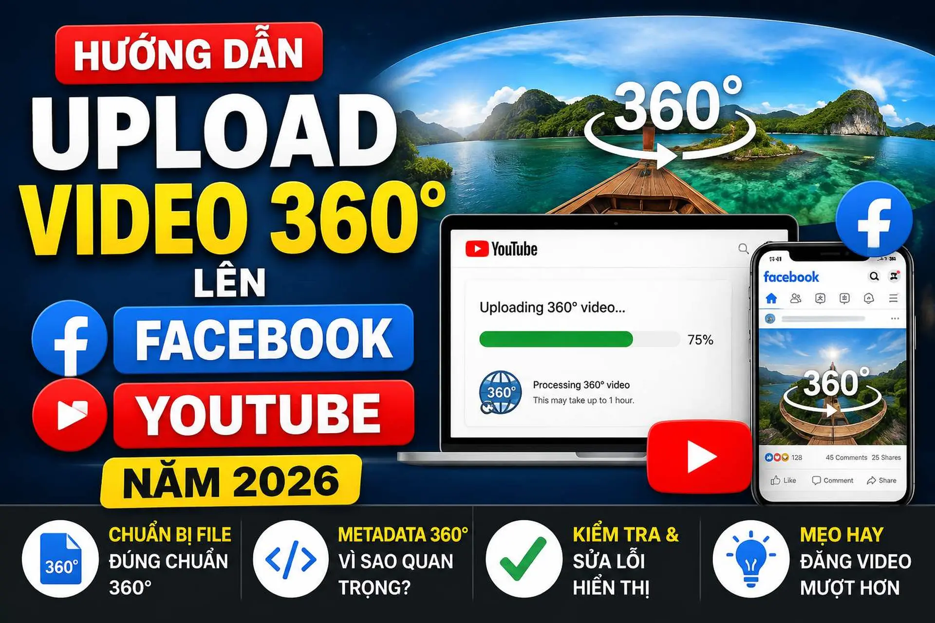 Upload video 360 độ lên Facebook, YouTube năm 2026: Hướng dẫn chi tiết từ A đến Z