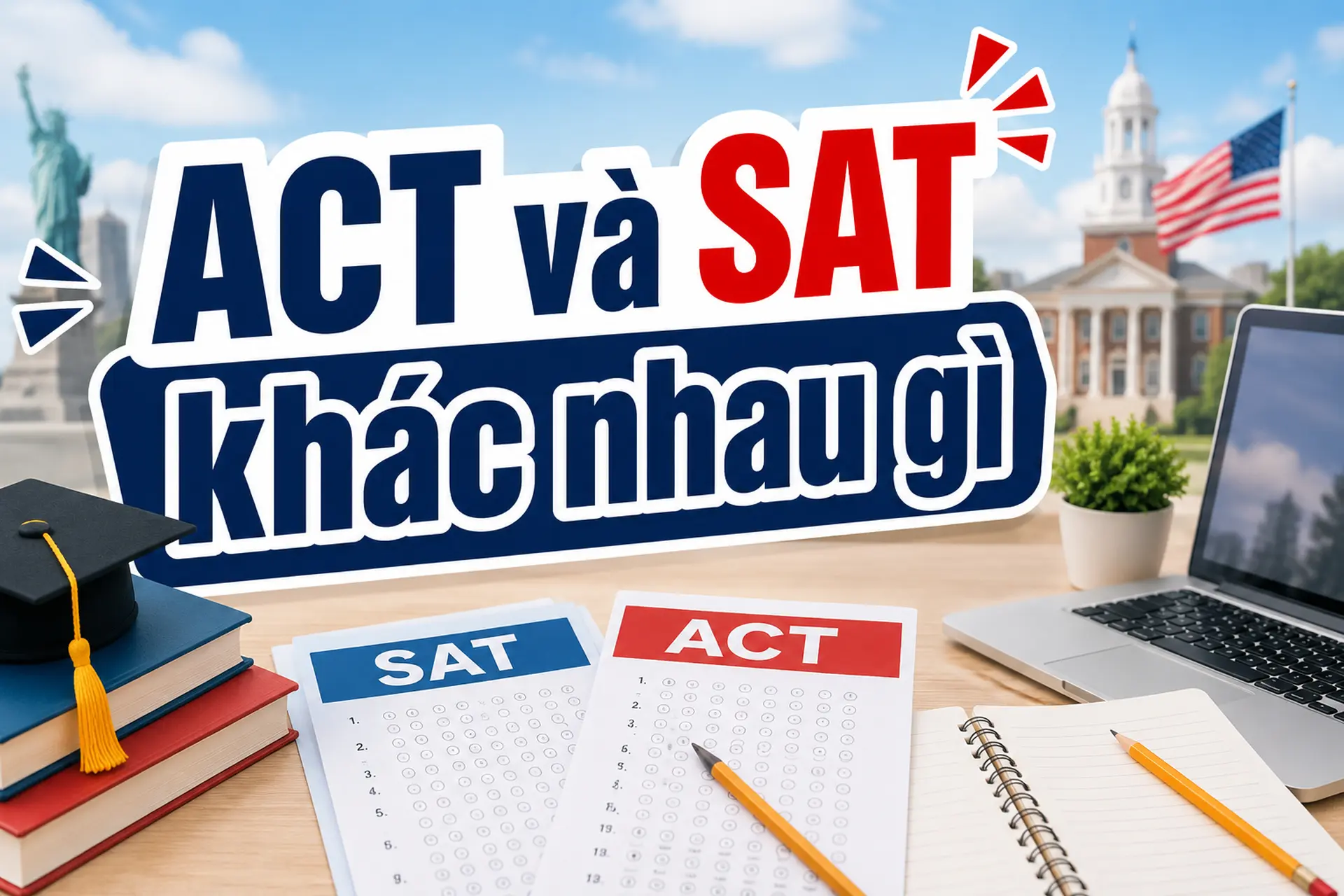 ACT và SAT khác nhau gì? So sánh cấu trúc, thời gian, thang điểm và cách chọn kỳ thi phù hợp khi du học Mỹ