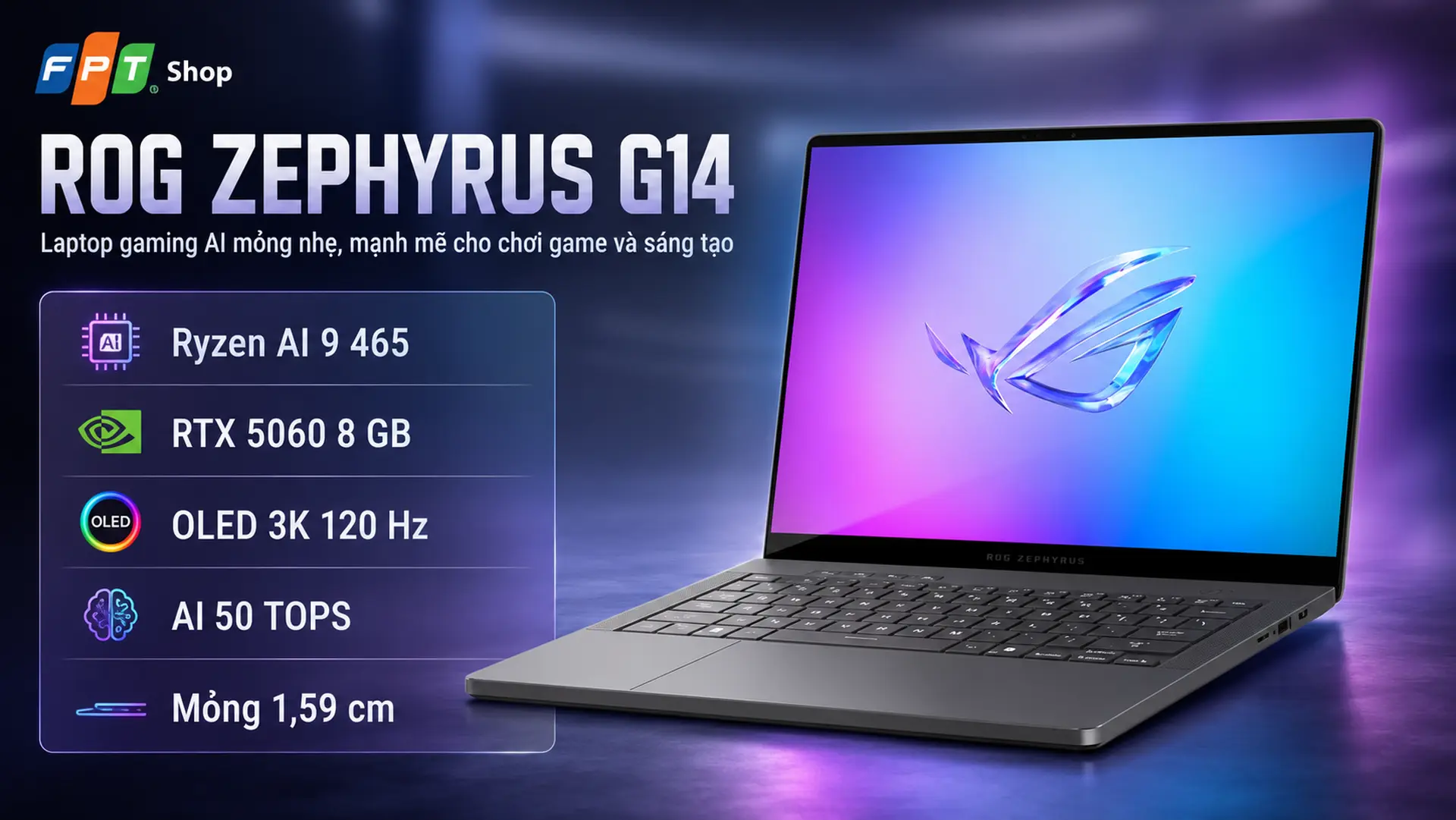 Dòng ROG Zephyrus G14 hoàn thiện từ hợp kim nhôm cao cấp CNC với độ dày chỉ 1,59 cm