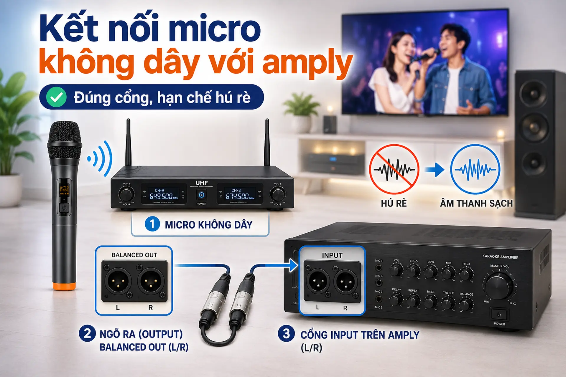 Cách kết nối micro không dây với amply đơn giản, đúng cổng và hạn chế hú rè khi hát karaoke